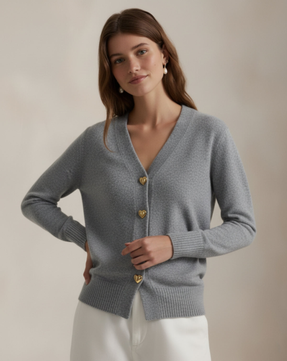 Refined Wool Heart-Button Cardigan