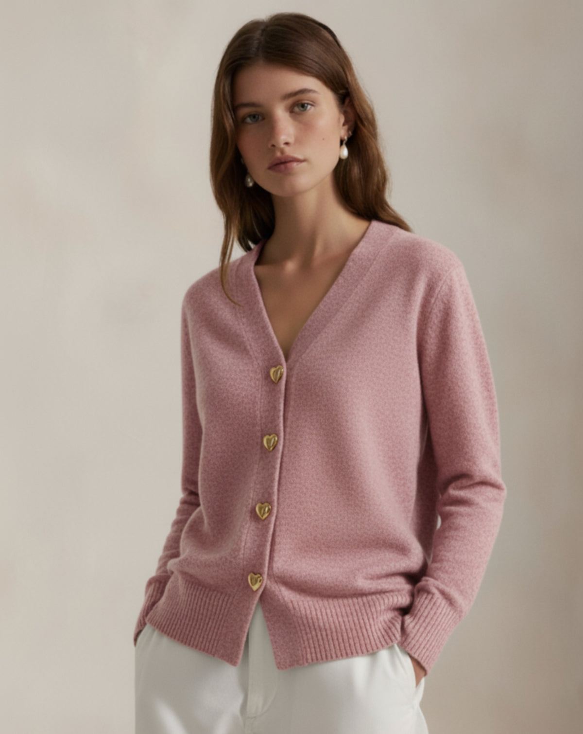 Refined Wool Heart-Button Cardigan