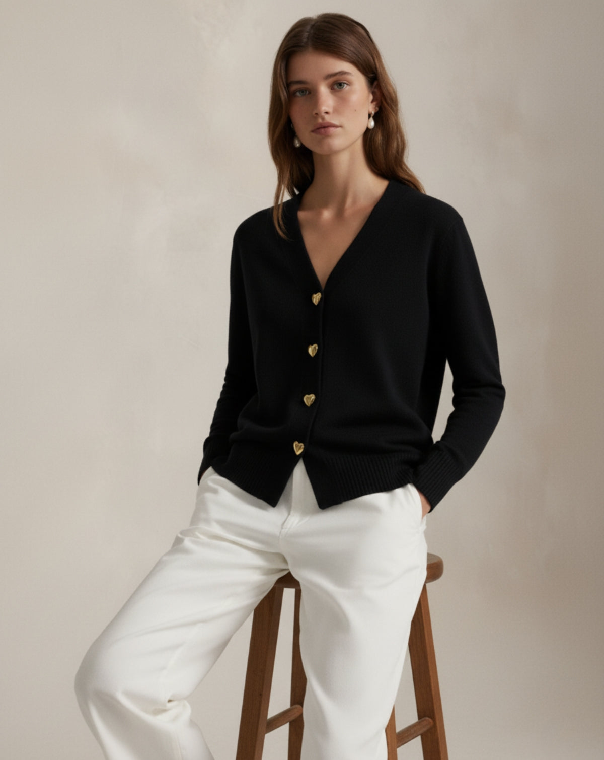 Refined Wool Heart-Button Cardigan