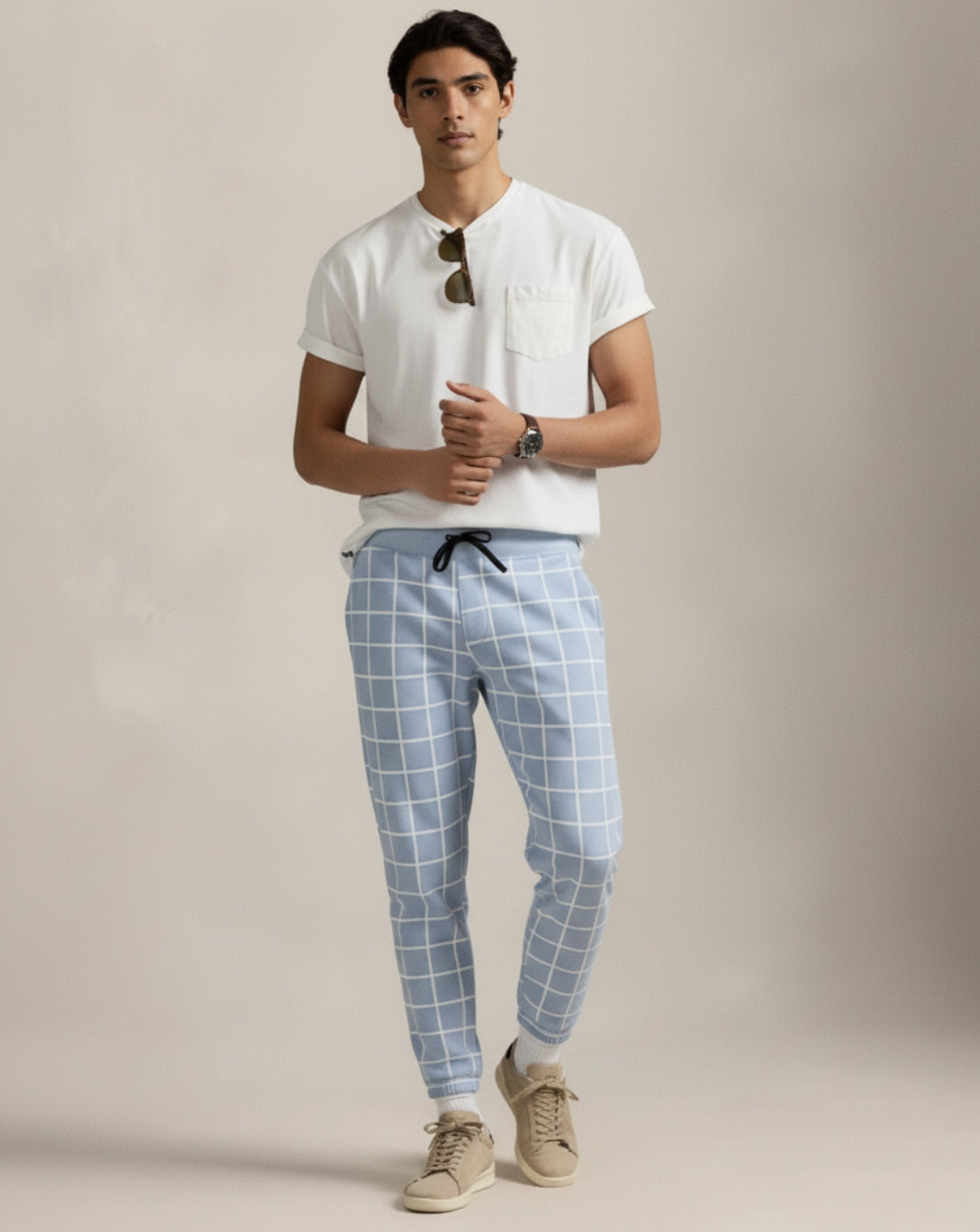 Cotton Grid Check Jogger Pants