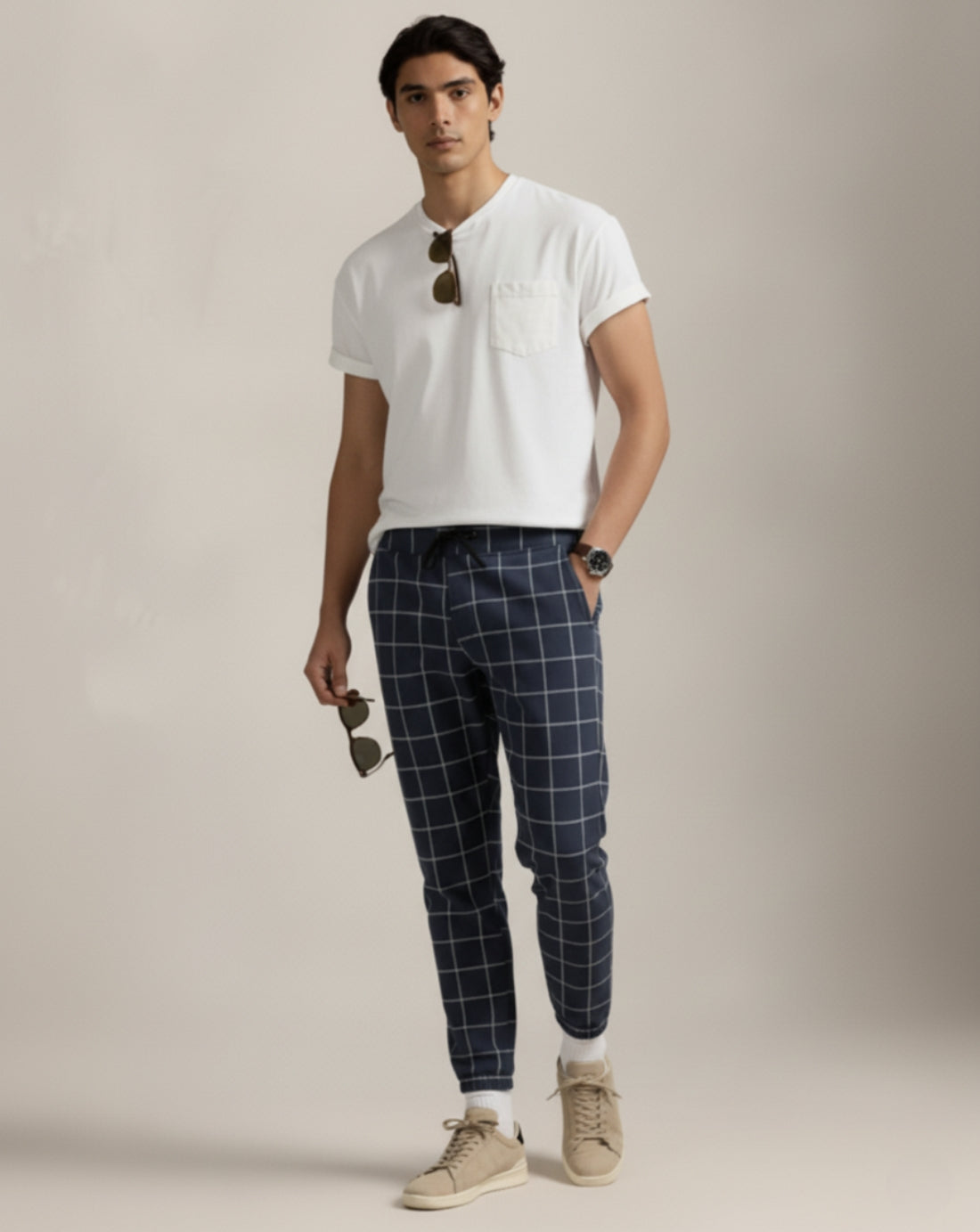 Cotton Grid Check Jogger Pants