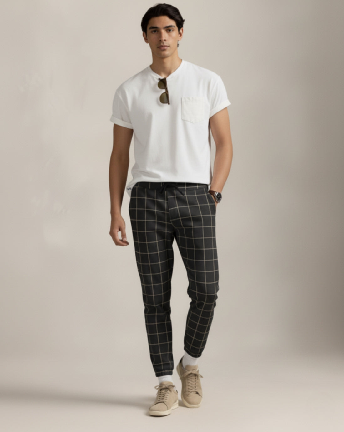 Cotton Grid Check Jogger Pants