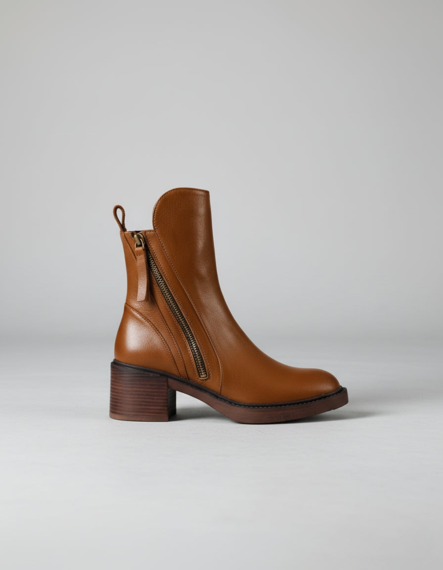 Leather Block Heel Zip Ankle Boots