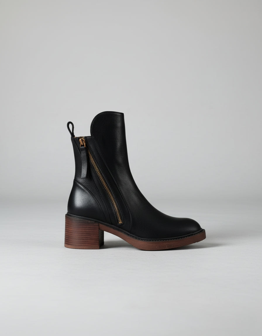 Leather Block Heel Zip Ankle Boots