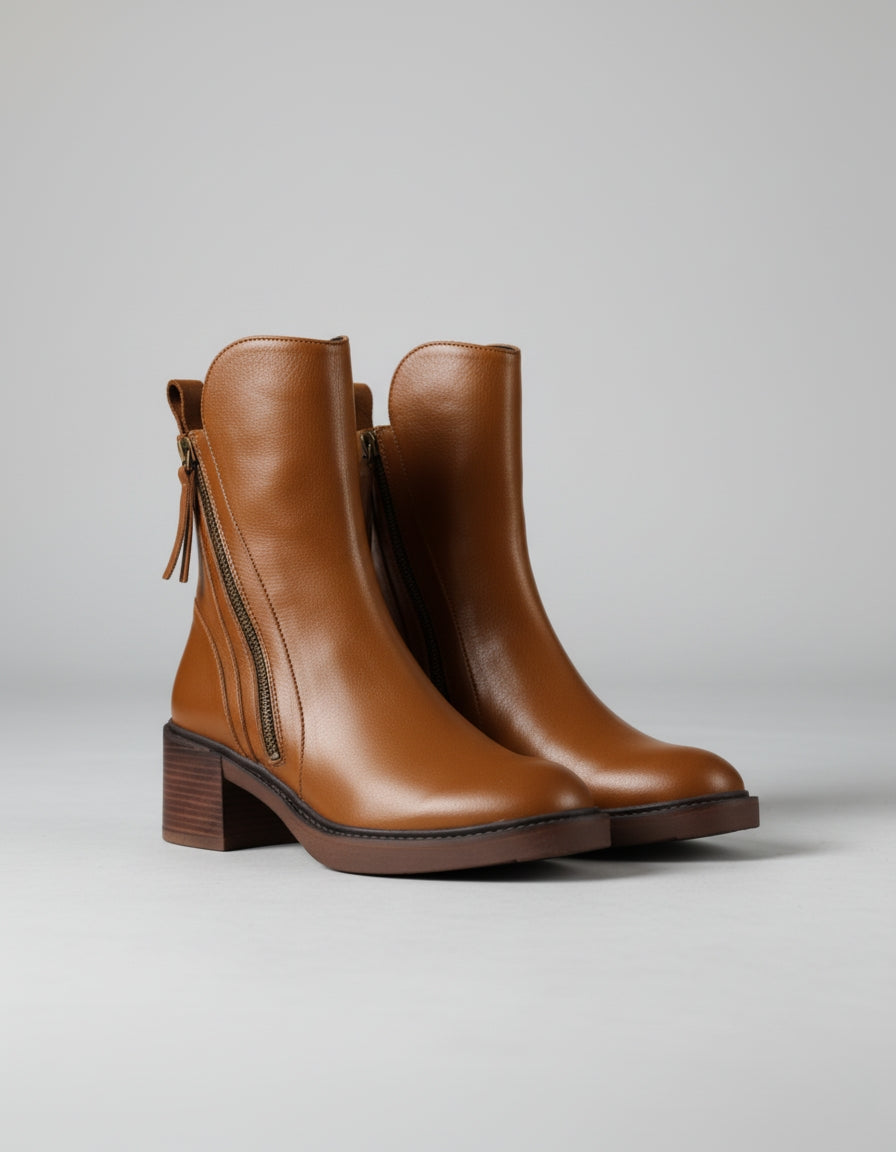 Leather Block Heel Zip Ankle Boots