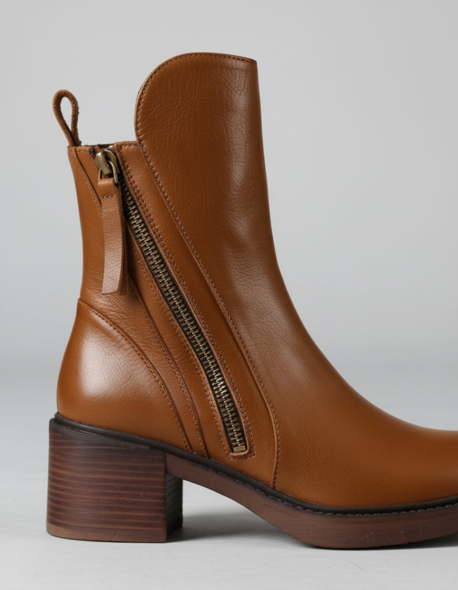 Leather Block Heel Zip Ankle Boots