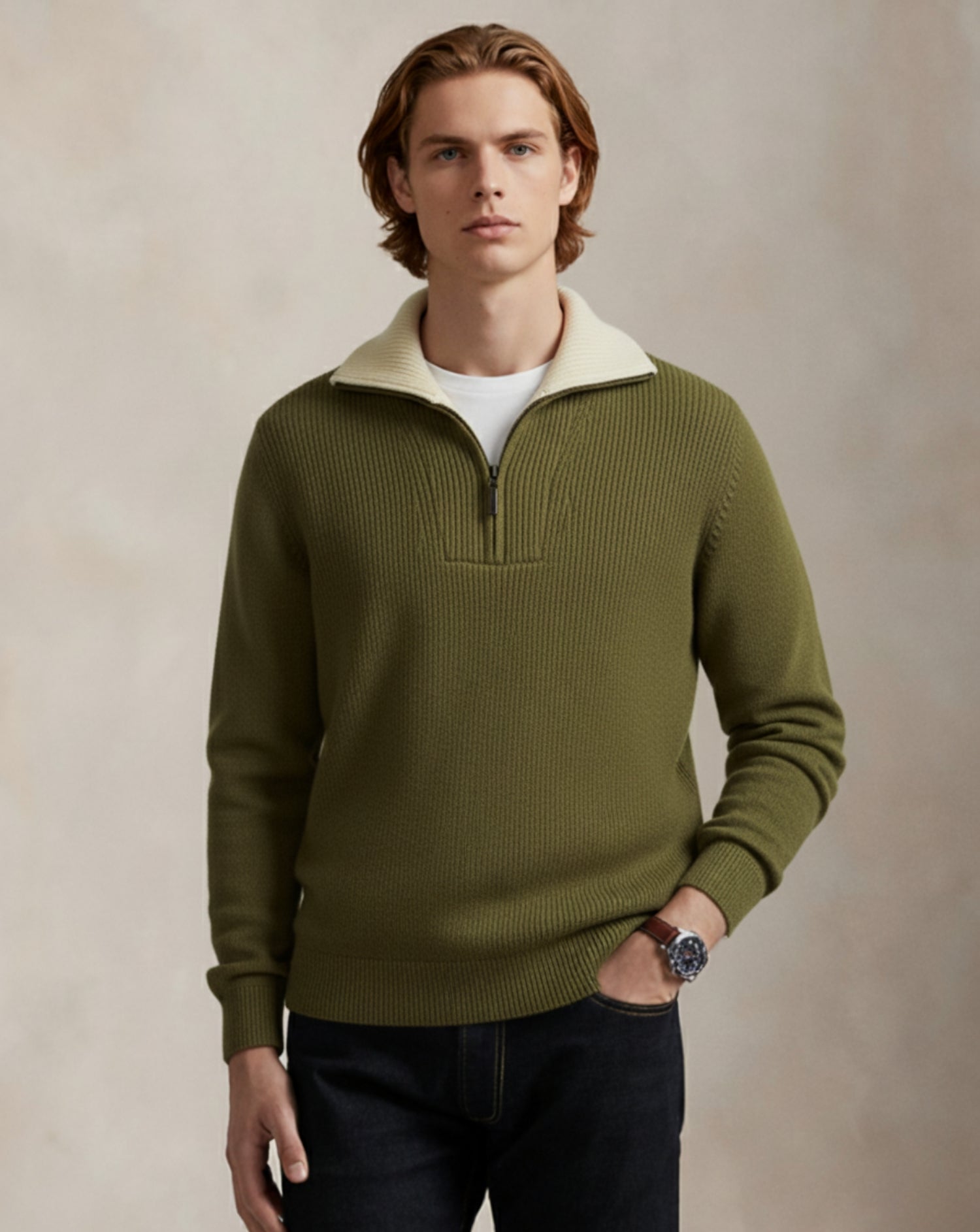 Heritage Contrast-Collar Quarter-Zip Sweater
