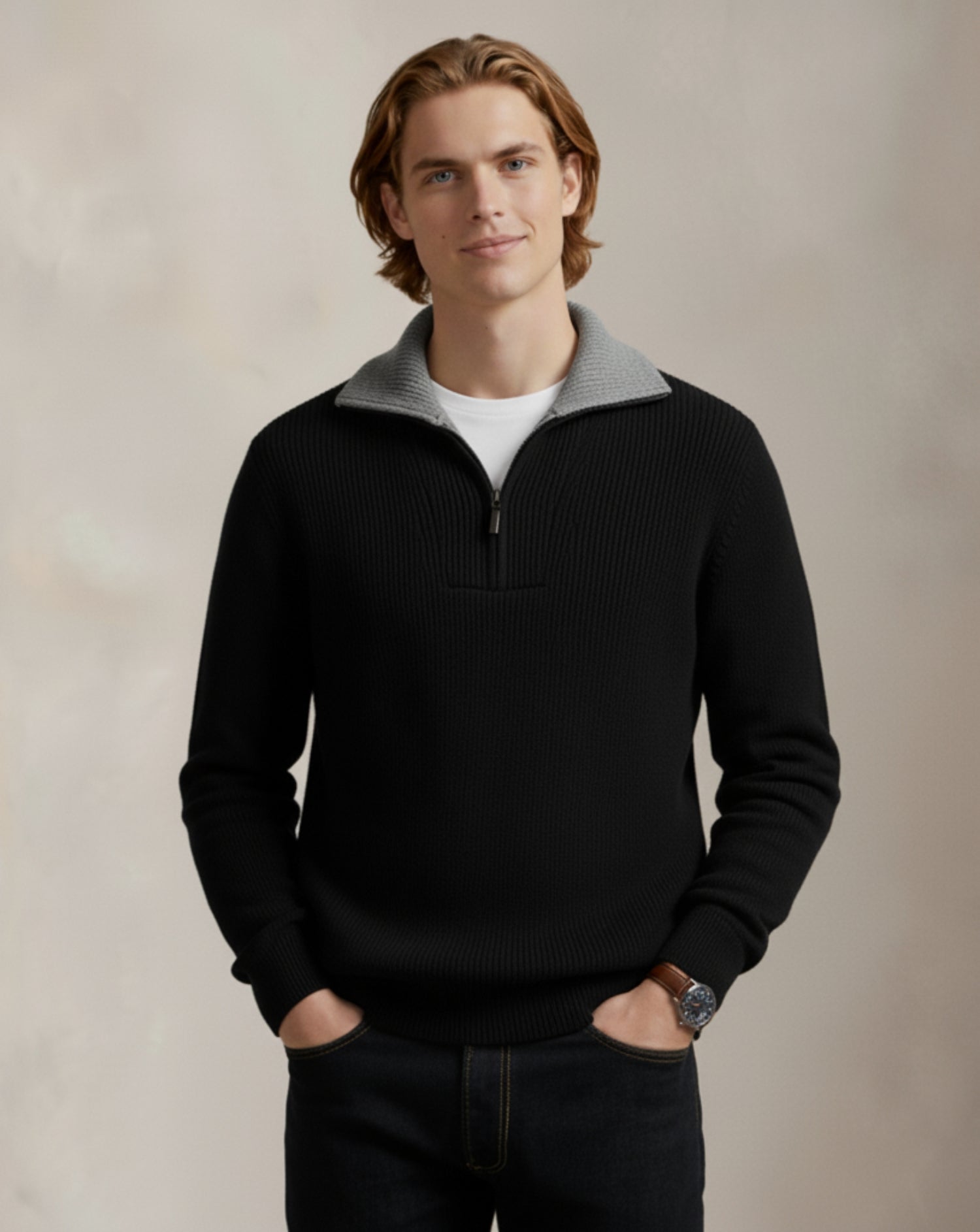 Heritage Contrast-Collar Quarter-Zip Sweater
