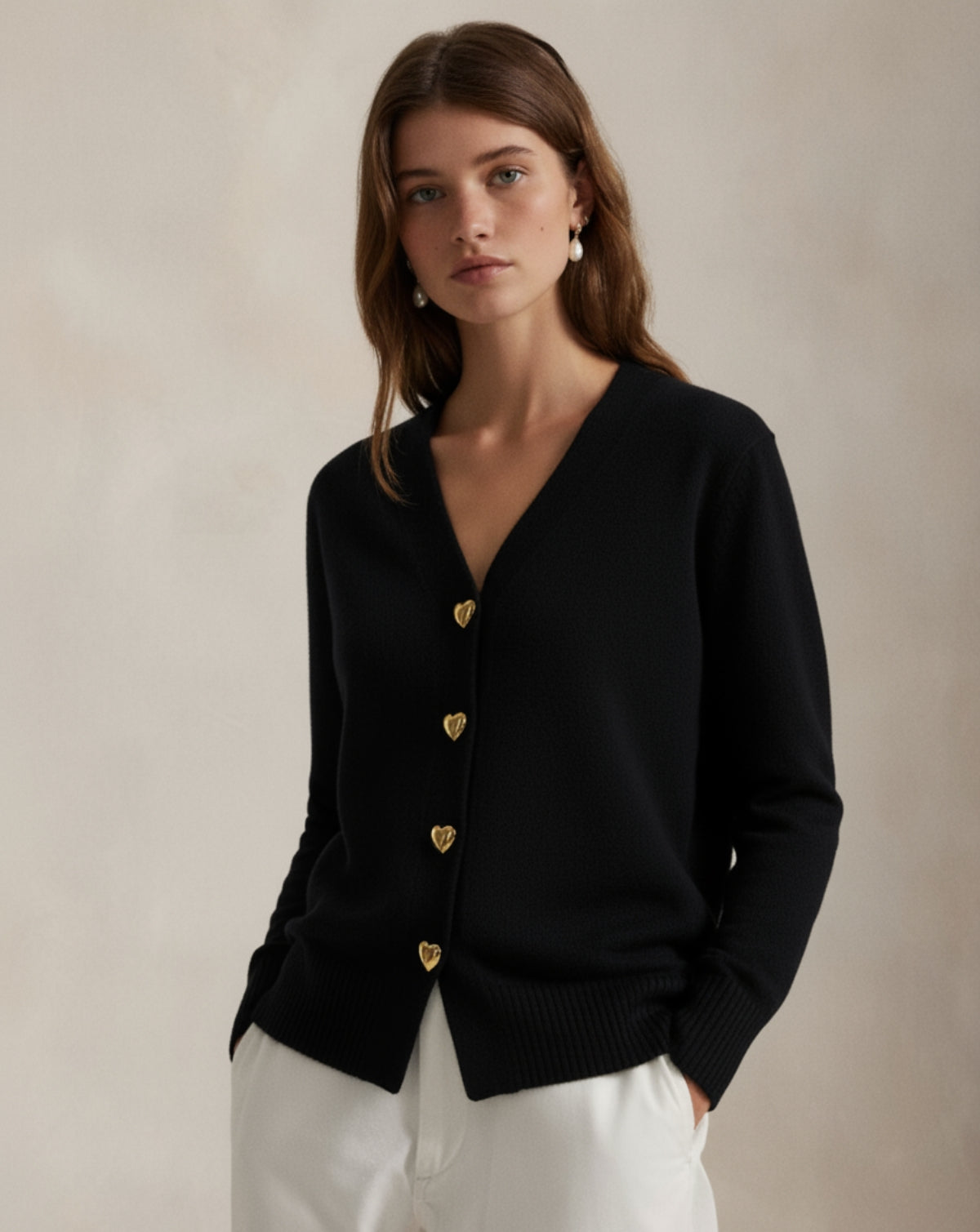 Refined Wool Heart-Button Cardigan